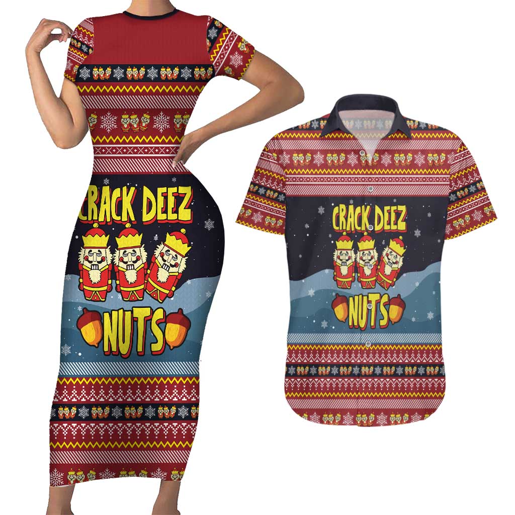 Funny Nutcracker Christmas Couples Matching Short Sleeve Bodycon Dress and Hawaiian Shirt with Crack Deez Nuts Quote and Holiday Pattern Design - Wonder Print Shop
