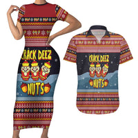 Funny Nutcracker Christmas Couples Matching Short Sleeve Bodycon Dress and Hawaiian Shirt with Crack Deez Nuts Quote and Holiday Pattern Design - Wonder Print Shop