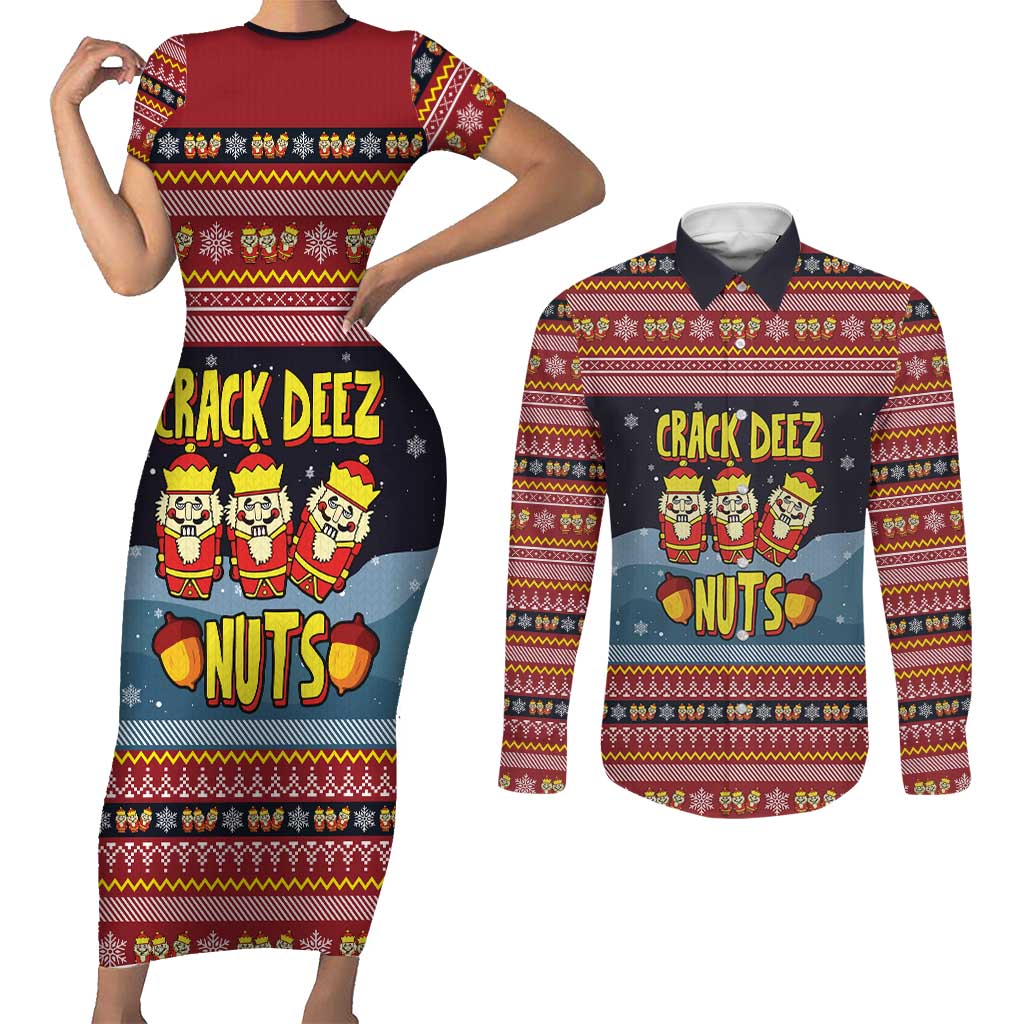 Funny Nutcracker Christmas Couples Matching Short Sleeve Bodycon Dress and Long Sleeve Button Shirt with Crack Deez Nuts Quote and Holiday Pattern Design - Wonder Print Shop