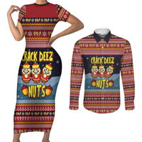 Funny Nutcracker Christmas Couples Matching Short Sleeve Bodycon Dress and Long Sleeve Button Shirt with Crack Deez Nuts Quote and Holiday Pattern Design - Wonder Print Shop