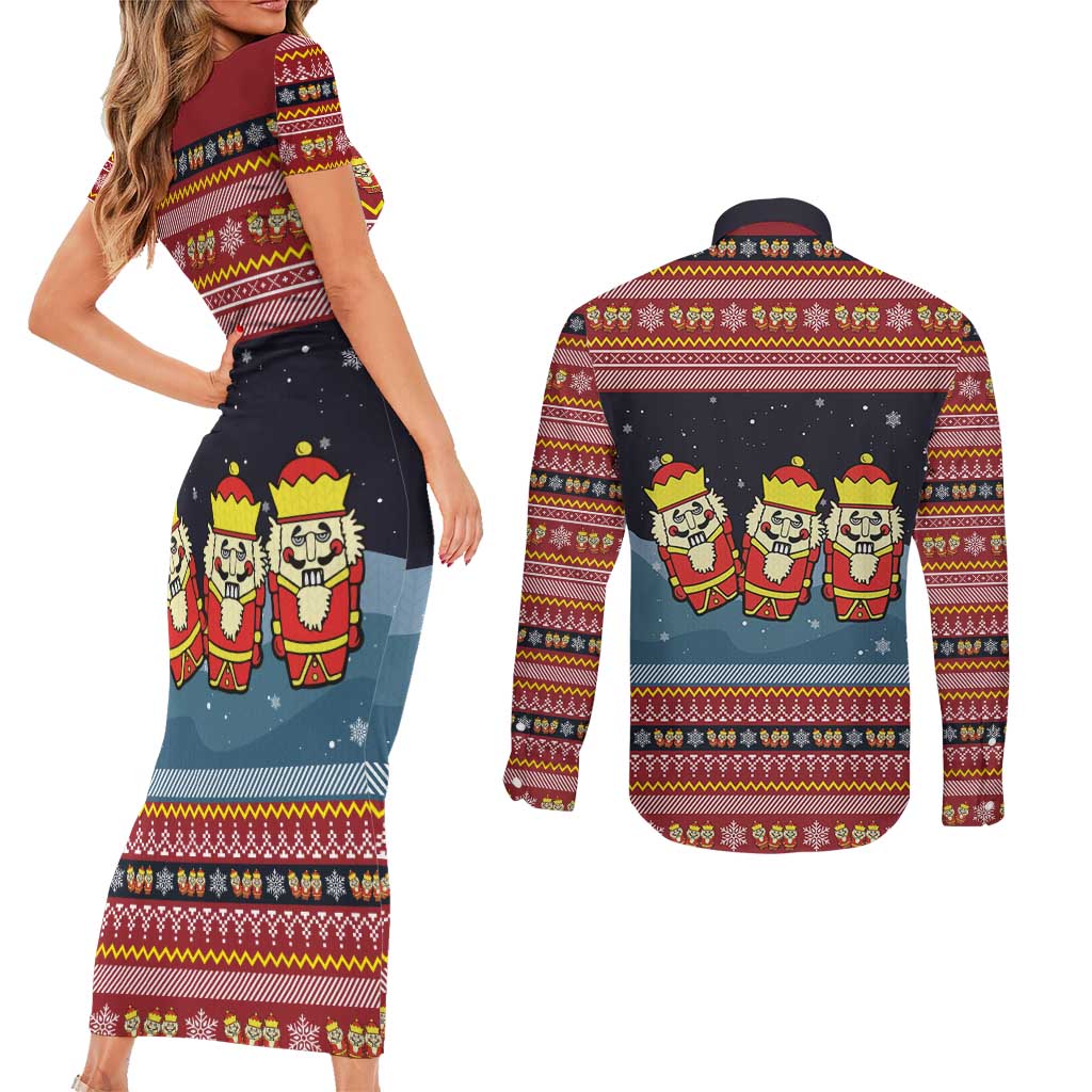 Funny Nutcracker Christmas Couples Matching Short Sleeve Bodycon Dress and Long Sleeve Button Shirt with Crack Deez Nuts Quote and Holiday Pattern Design - Wonder Print Shop