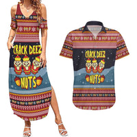Funny Nutcracker Christmas Couples Matching Summer Maxi Dress and Hawaiian Shirt with Crack Deez Nuts Quote and Holiday Pattern Design - Wonder Print Shop