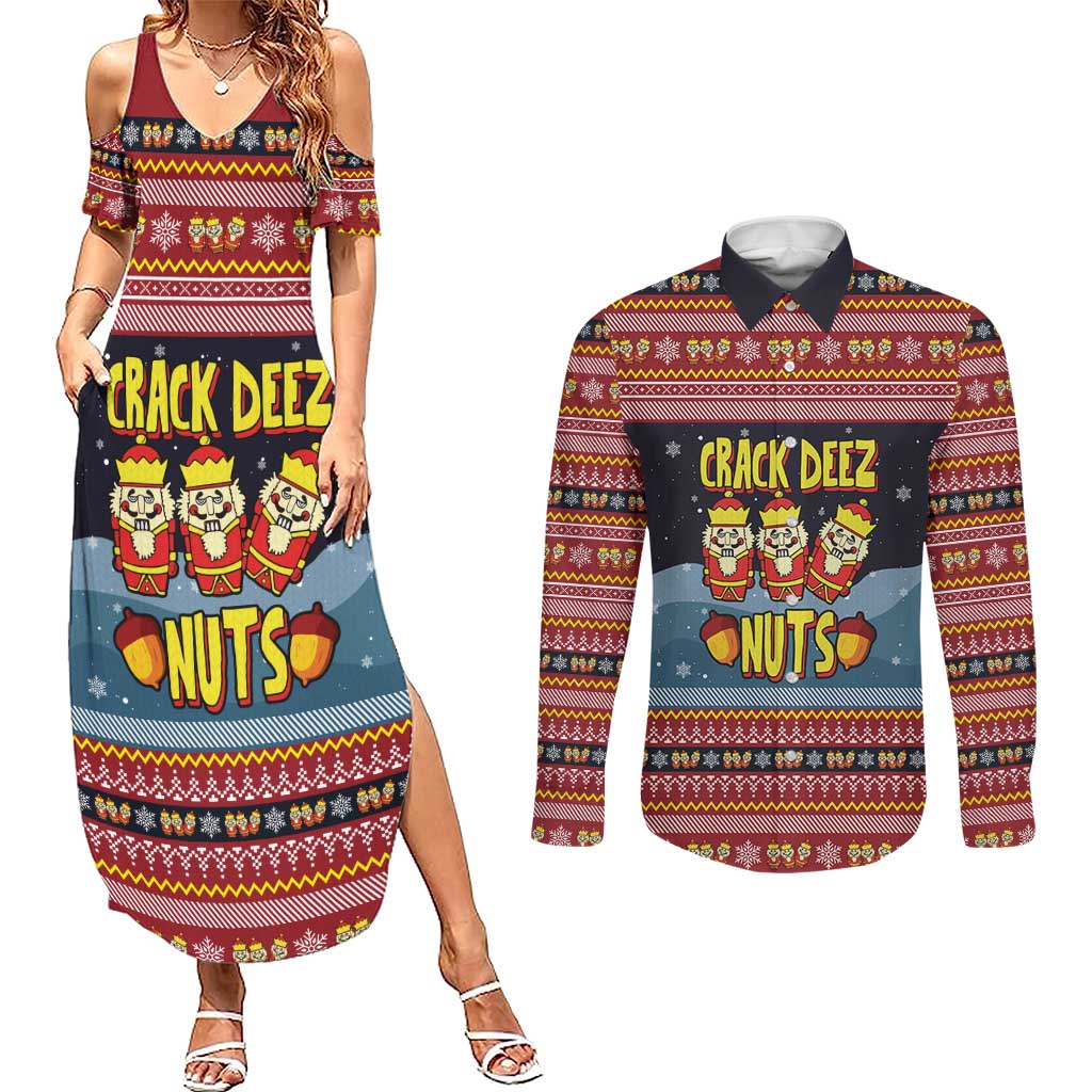 Funny Nutcracker Christmas Couples Matching Summer Maxi Dress and Long Sleeve Button Shirt with Crack Deez Nuts Quote and Holiday Pattern Design - Wonder Print Shop