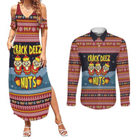 Funny Nutcracker Christmas Couples Matching Summer Maxi Dress and Long Sleeve Button Shirt with Crack Deez Nuts Quote and Holiday Pattern Design - Wonder Print Shop