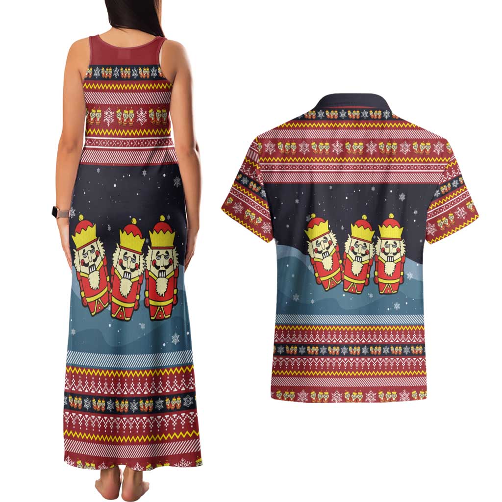 Funny Nutcracker Christmas Couples Matching Tank Maxi Dress and Hawaiian Shirt with Crack Deez Nuts Quote and Holiday Pattern Design - Wonder Print Shop