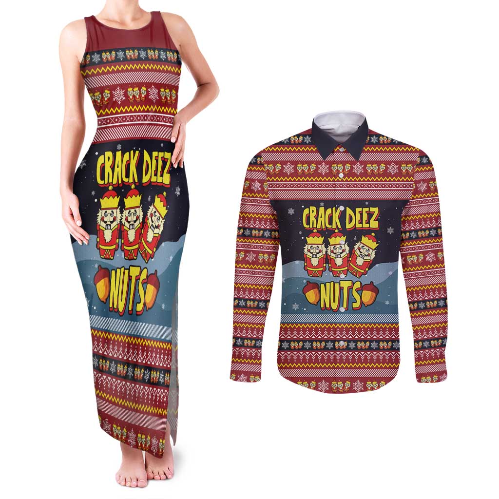 Funny Nutcracker Christmas Couples Matching Tank Maxi Dress and Long Sleeve Button Shirt with Crack Deez Nuts Quote and Holiday Pattern Design - Wonder Print Shop