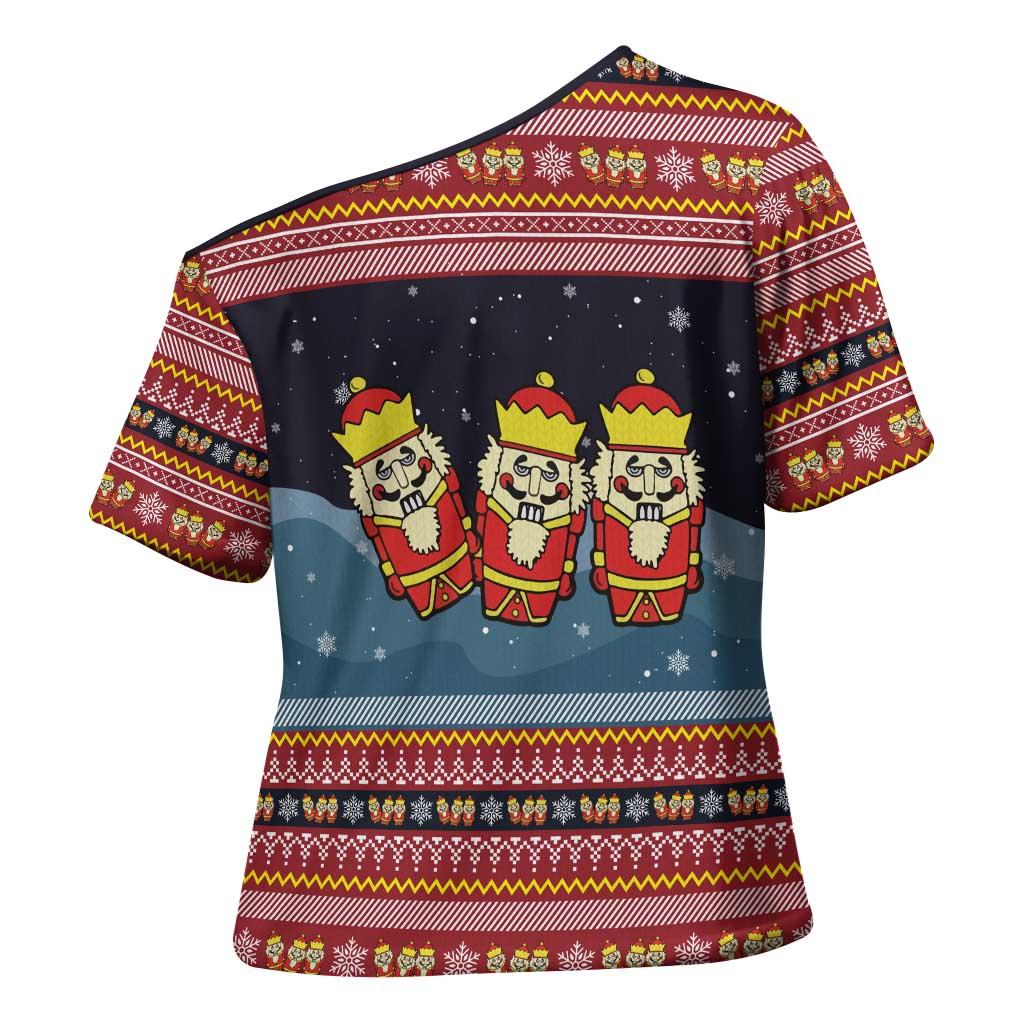 Funny Nutcracker Christmas Cross Shoulder Shirt with Crack Deez Nuts Quote and Holiday Pattern Design - Wonder Print Shop