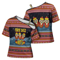 Funny Nutcracker Christmas Cross Shoulder Shirt with Crack Deez Nuts Quote and Holiday Pattern Design - Wonder Print Shop