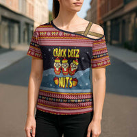 Funny Nutcracker Christmas Cross Shoulder Shirt with Crack Deez Nuts Quote and Holiday Pattern Design - Wonder Print Shop