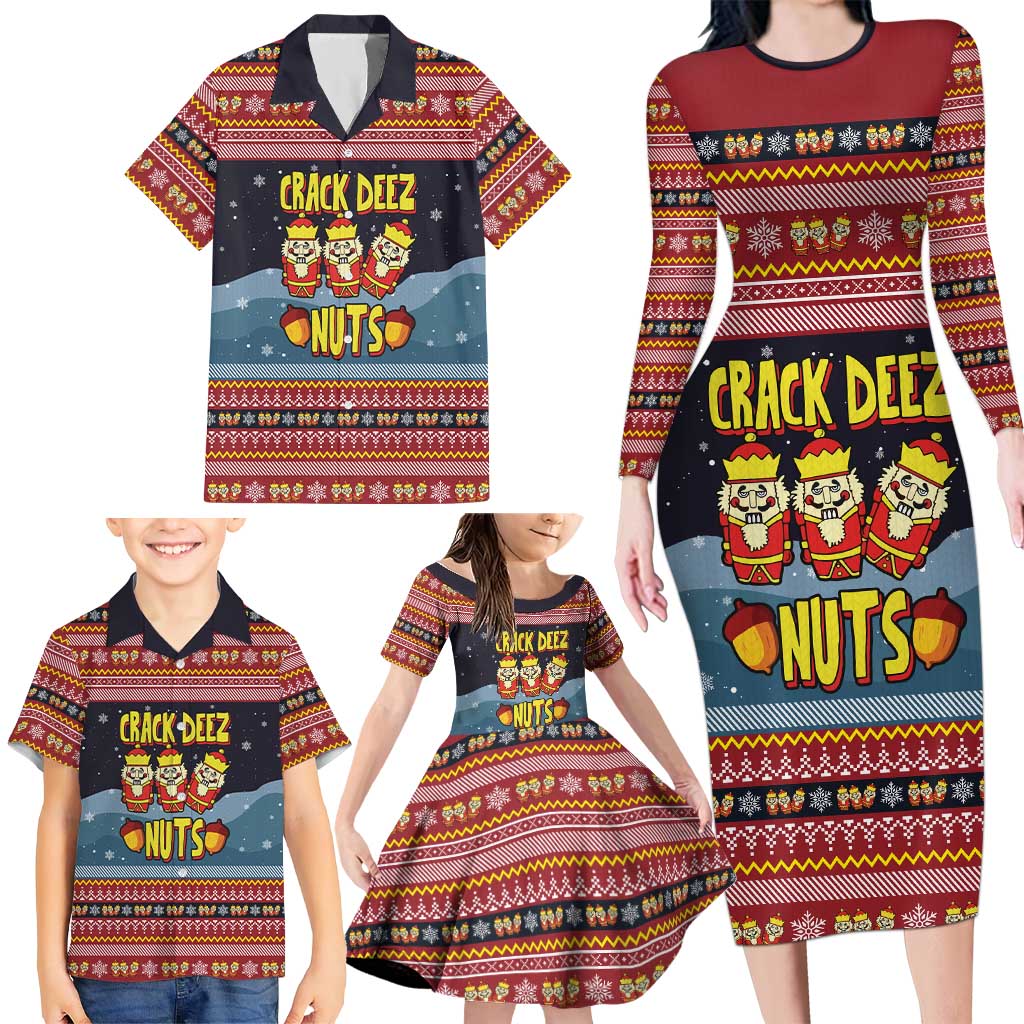 Funny Nutcracker Christmas Family Matching Long Sleeve Bodycon Dress and Hawaiian Shirt with Crack Deez Nuts Quote and Holiday Pattern Design - Wonder Print Shop