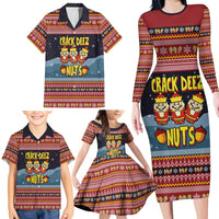 Funny Nutcracker Christmas Family Matching Long Sleeve Bodycon Dress and Hawaiian Shirt with Crack Deez Nuts Quote and Holiday Pattern Design - Wonder Print Shop