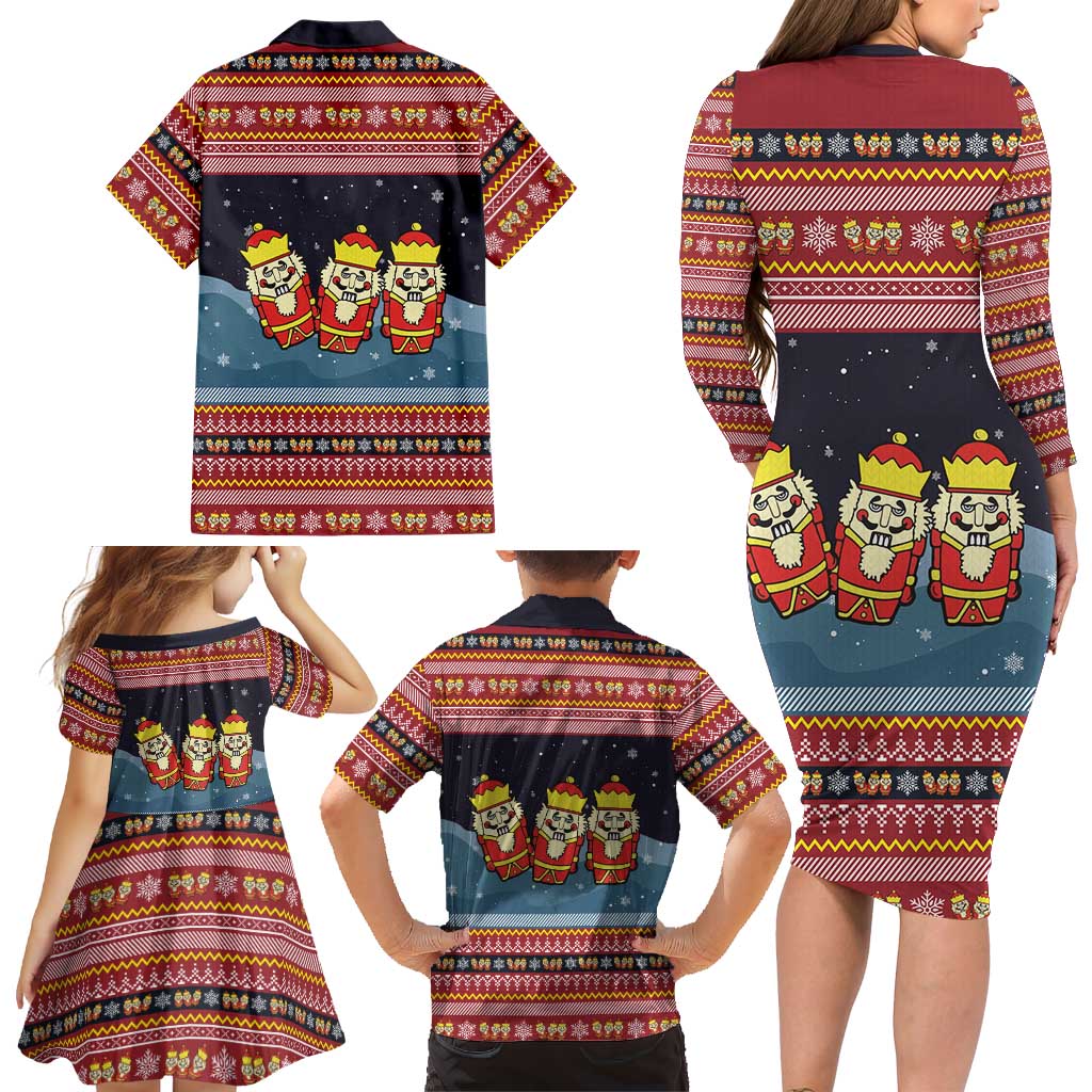 Funny Nutcracker Christmas Family Matching Long Sleeve Bodycon Dress and Hawaiian Shirt with Crack Deez Nuts Quote and Holiday Pattern Design - Wonder Print Shop