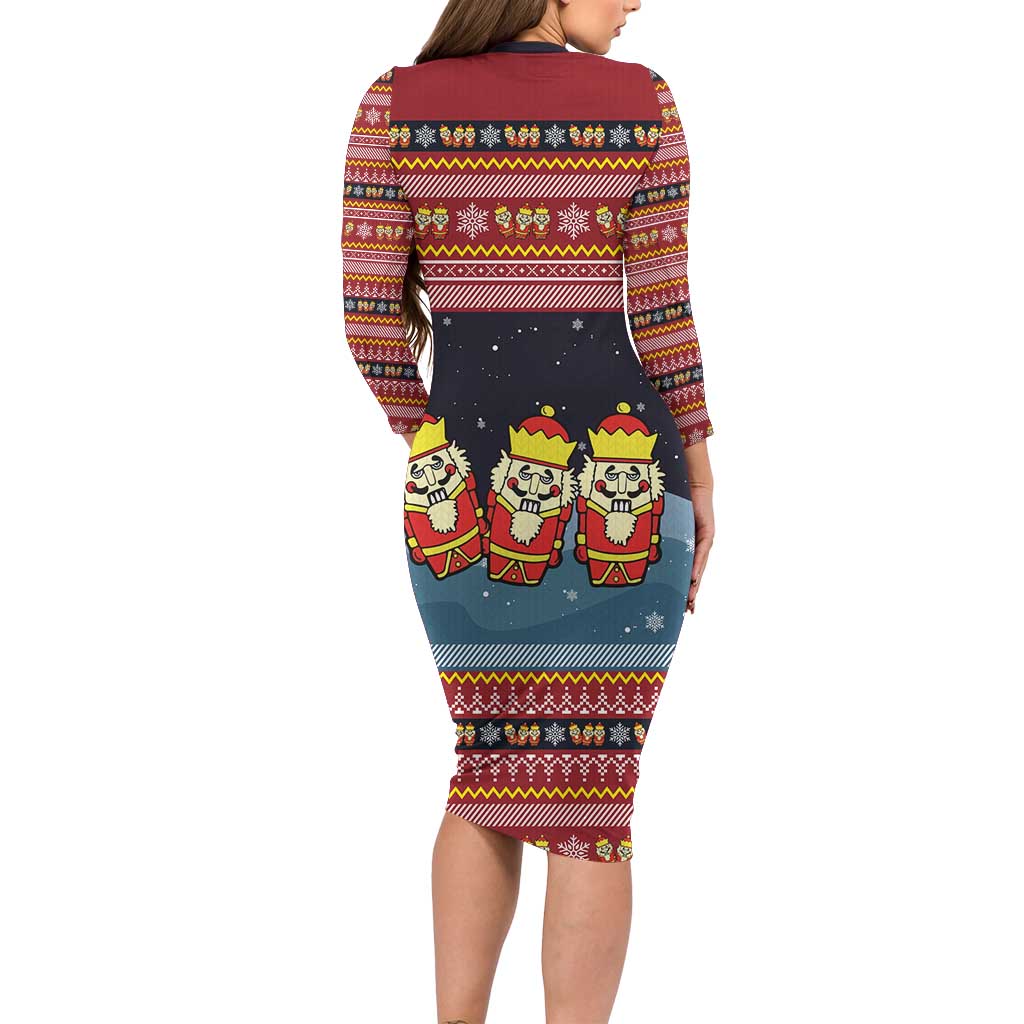 Funny Nutcracker Christmas Family Matching Long Sleeve Bodycon Dress and Hawaiian Shirt with Crack Deez Nuts Quote and Holiday Pattern Design - Wonder Print Shop