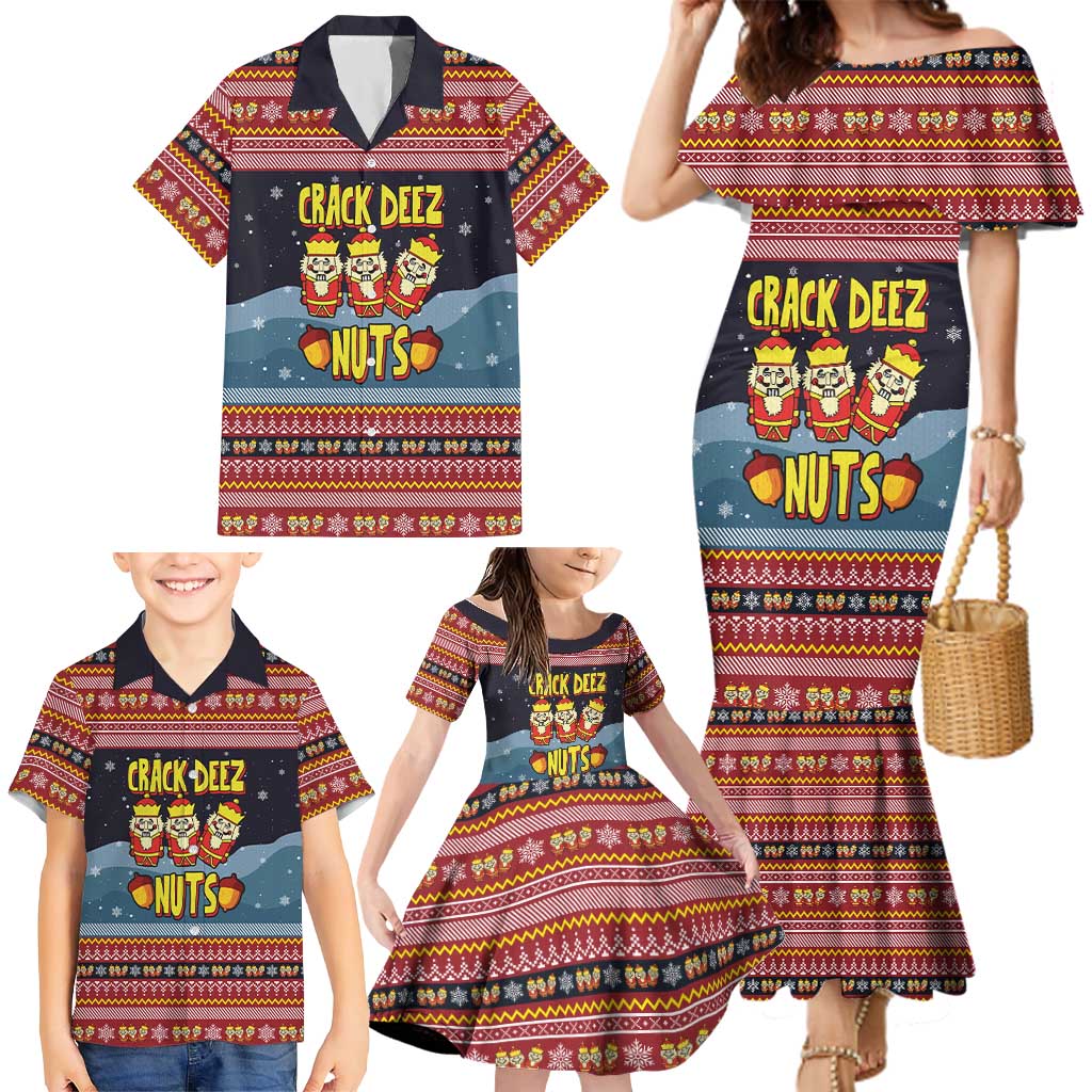 Funny Nutcracker Christmas Family Matching Mermaid Dress and Hawaiian Shirt with Crack Deez Nuts Quote and Holiday Pattern Design - Wonder Print Shop
