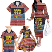 Funny Nutcracker Christmas Family Matching Off The Shoulder Long Sleeve Dress and Hawaiian Shirt with Crack Deez Nuts Quote and Holiday Pattern Design - Wonder Print Shop
