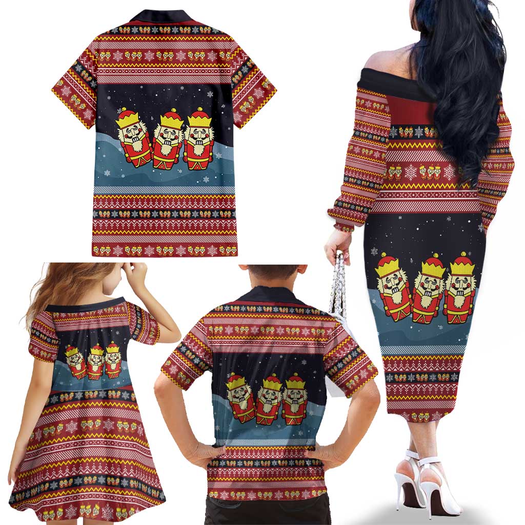 Funny Nutcracker Christmas Family Matching Off The Shoulder Long Sleeve Dress and Hawaiian Shirt with Crack Deez Nuts Quote and Holiday Pattern Design - Wonder Print Shop