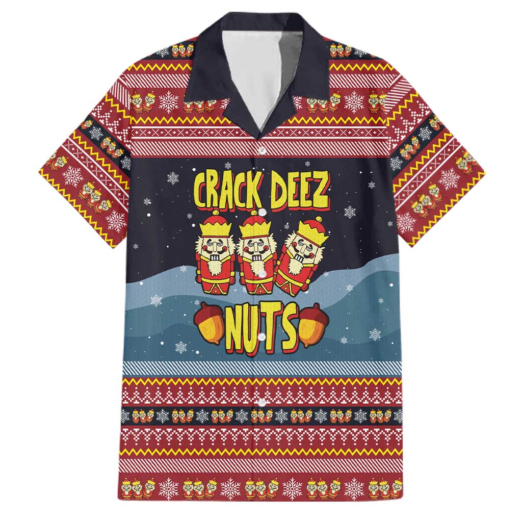 Funny Nutcracker Christmas Family Matching Off The Shoulder Long Sleeve Dress and Hawaiian Shirt with Crack Deez Nuts Quote and Holiday Pattern Design - Wonder Print Shop