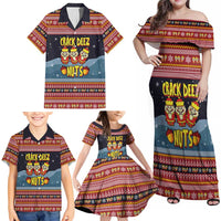 Funny Nutcracker Christmas Family Matching Off Shoulder Maxi Dress and Hawaiian Shirt with Crack Deez Nuts Quote and Holiday Pattern Design - Wonder Print Shop