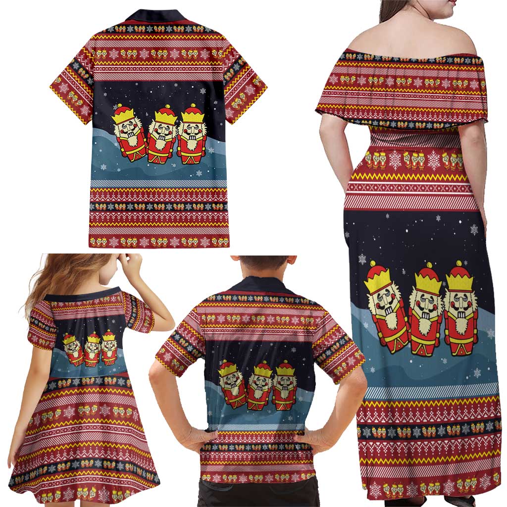 Funny Nutcracker Christmas Family Matching Off Shoulder Maxi Dress and Hawaiian Shirt with Crack Deez Nuts Quote and Holiday Pattern Design - Wonder Print Shop