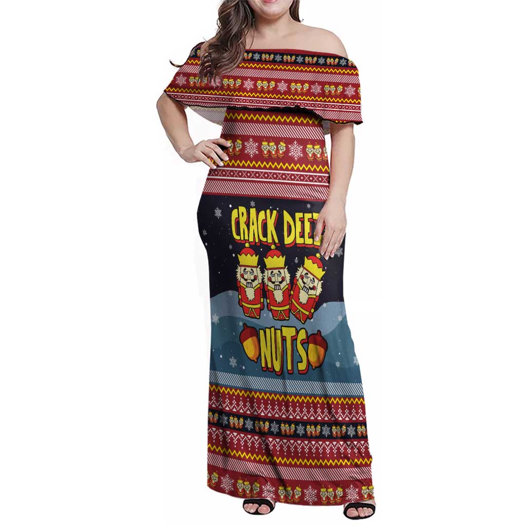 Funny Nutcracker Christmas Family Matching Off Shoulder Maxi Dress and Hawaiian Shirt with Crack Deez Nuts Quote and Holiday Pattern Design - Wonder Print Shop