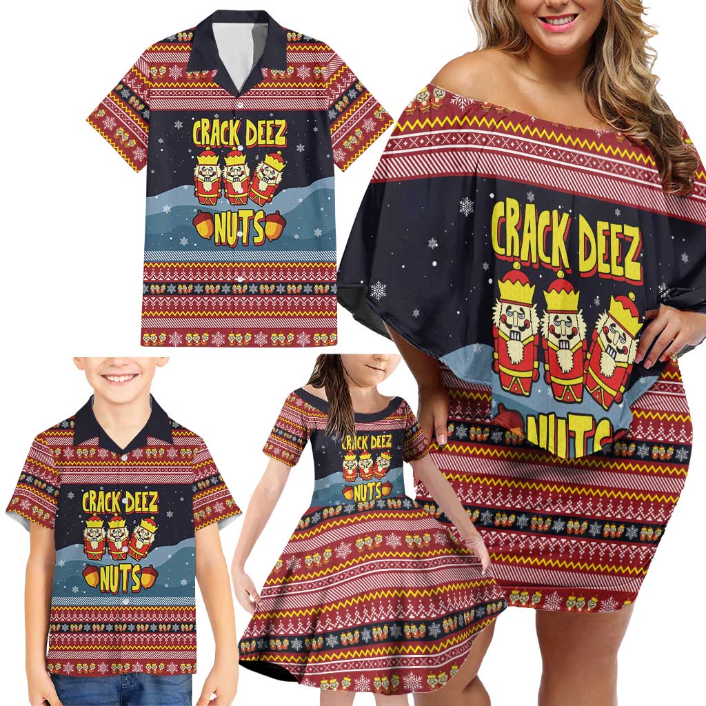 Funny Nutcracker Christmas Family Matching Off Shoulder Short Dress and Hawaiian Shirt with Crack Deez Nuts Quote and Holiday Pattern Design - Wonder Print Shop