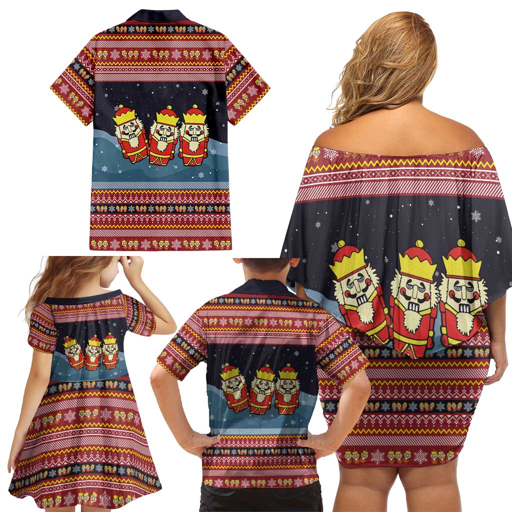 Funny Nutcracker Christmas Family Matching Off Shoulder Short Dress and Hawaiian Shirt with Crack Deez Nuts Quote and Holiday Pattern Design - Wonder Print Shop