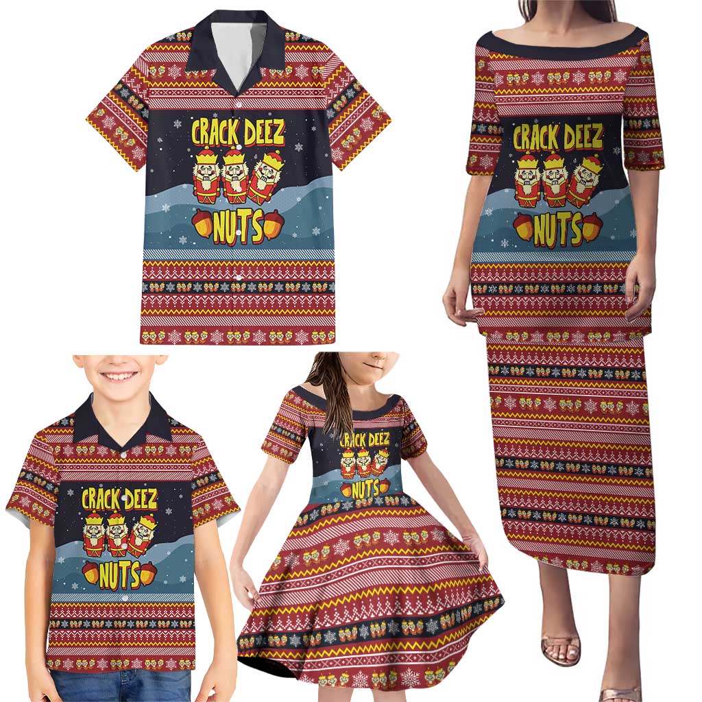 Funny Nutcracker Christmas Family Matching Puletasi and Hawaiian Shirt with Crack Deez Nuts Quote and Holiday Pattern Design - Wonder Print Shop