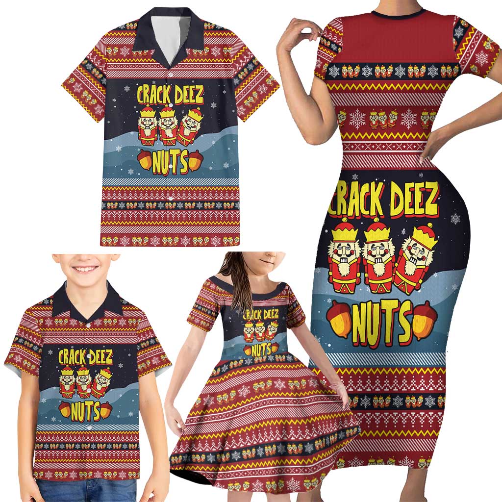 Funny Nutcracker Christmas Family Matching Short Sleeve Bodycon Dress and Hawaiian Shirt with Crack Deez Nuts Quote and Holiday Pattern Design - Wonder Print Shop