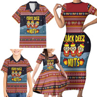 Funny Nutcracker Christmas Family Matching Short Sleeve Bodycon Dress and Hawaiian Shirt with Crack Deez Nuts Quote and Holiday Pattern Design - Wonder Print Shop