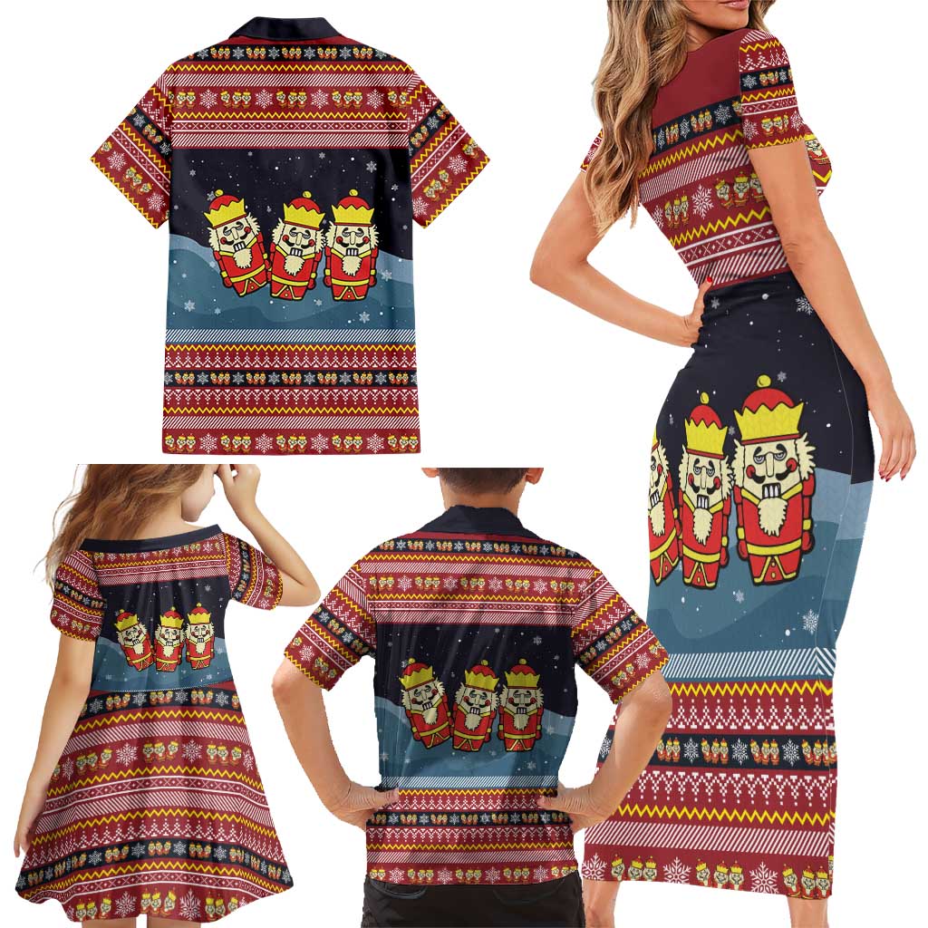 Funny Nutcracker Christmas Family Matching Short Sleeve Bodycon Dress and Hawaiian Shirt with Crack Deez Nuts Quote and Holiday Pattern Design - Wonder Print Shop