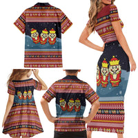 Funny Nutcracker Christmas Family Matching Short Sleeve Bodycon Dress and Hawaiian Shirt with Crack Deez Nuts Quote and Holiday Pattern Design - Wonder Print Shop