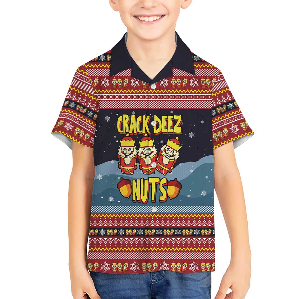 Funny Nutcracker Christmas Family Matching Short Sleeve Bodycon Dress and Hawaiian Shirt with Crack Deez Nuts Quote and Holiday Pattern Design - Wonder Print Shop