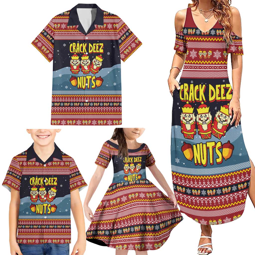 Funny Nutcracker Christmas Family Matching Summer Maxi Dress and Hawaiian Shirt with Crack Deez Nuts Quote and Holiday Pattern Design - Wonder Print Shop