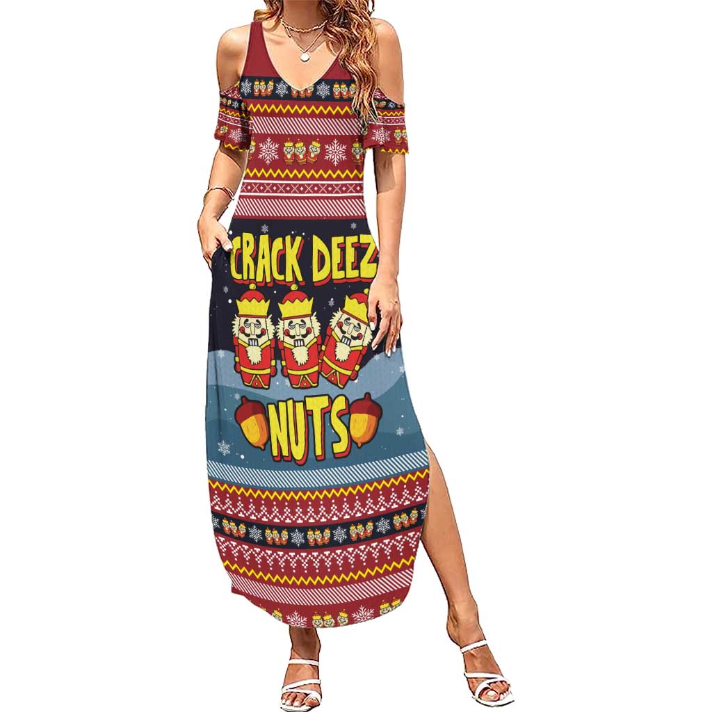 Funny Nutcracker Christmas Family Matching Summer Maxi Dress and Hawaiian Shirt with Crack Deez Nuts Quote and Holiday Pattern Design - Wonder Print Shop