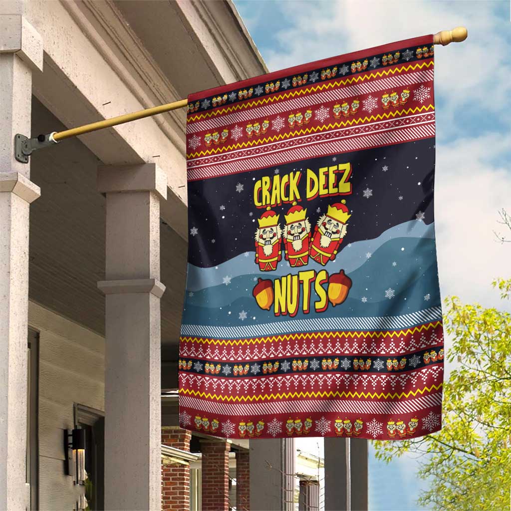 Funny Nutcracker Christmas Garden Flag with Crack Deez Nuts Quote and Holiday Pattern Design - Wonder Print Shop