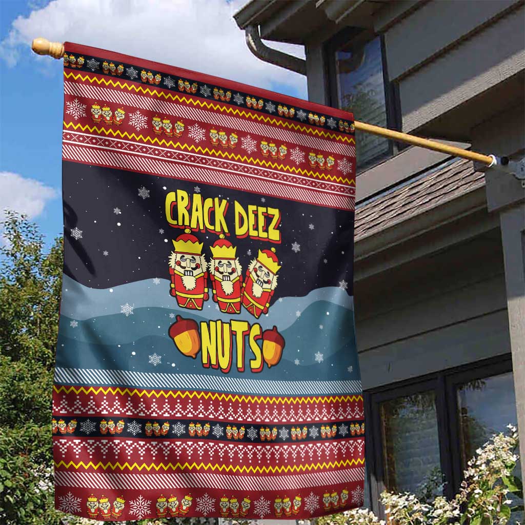 Funny Nutcracker Christmas Garden Flag with Crack Deez Nuts Quote and Holiday Pattern Design - Wonder Print Shop
