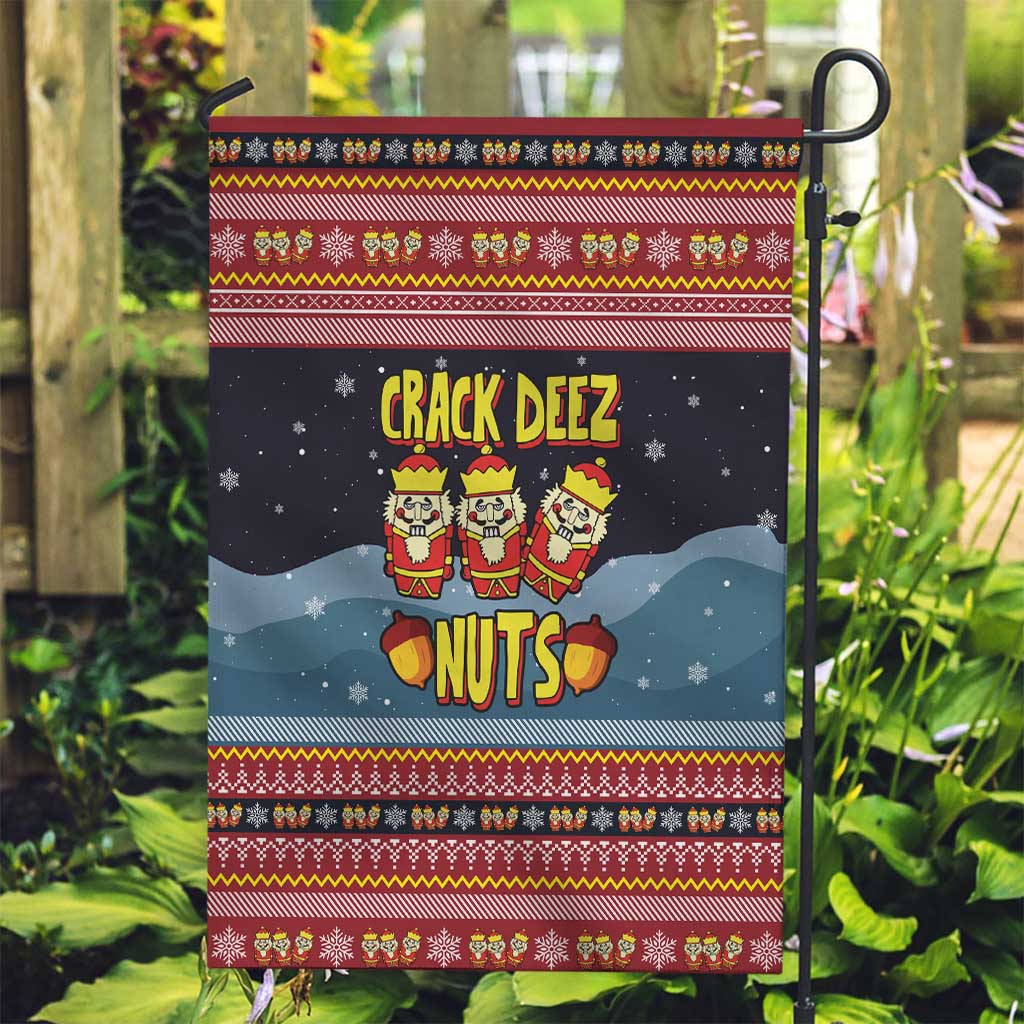 Funny Nutcracker Christmas Garden Flag with Crack Deez Nuts Quote and Holiday Pattern Design - Wonder Print Shop