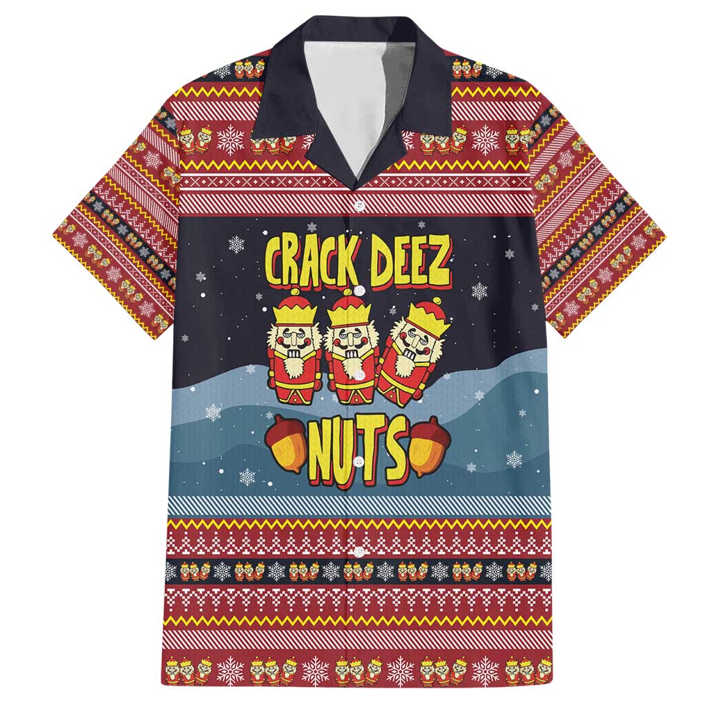 Funny Nutcracker Christmas Hawaiian Shirt with Crack Deez Nuts Quote and Holiday Pattern Design - Wonder Print Shop