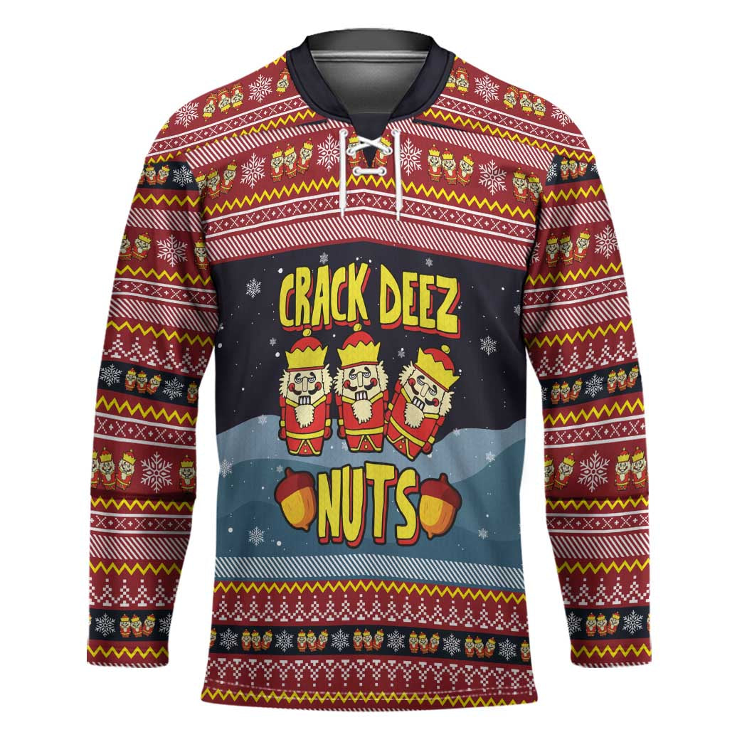 Funny Nutcracker Christmas Hockey Jersey with Crack Deez Nuts Quote and Holiday Pattern Design - Wonder Print Shop