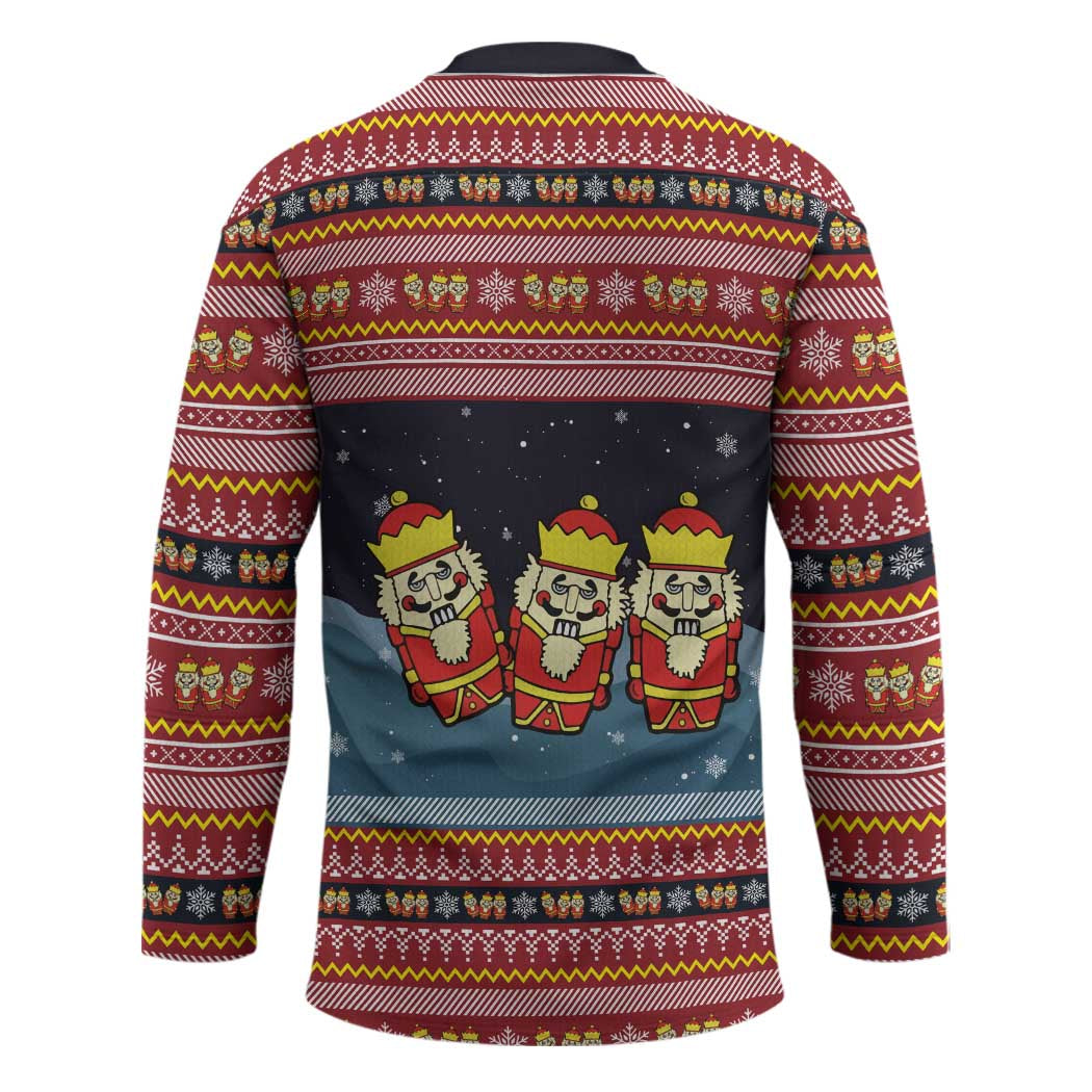 Funny Nutcracker Christmas Hockey Jersey with Crack Deez Nuts Quote and Holiday Pattern Design - Wonder Print Shop
