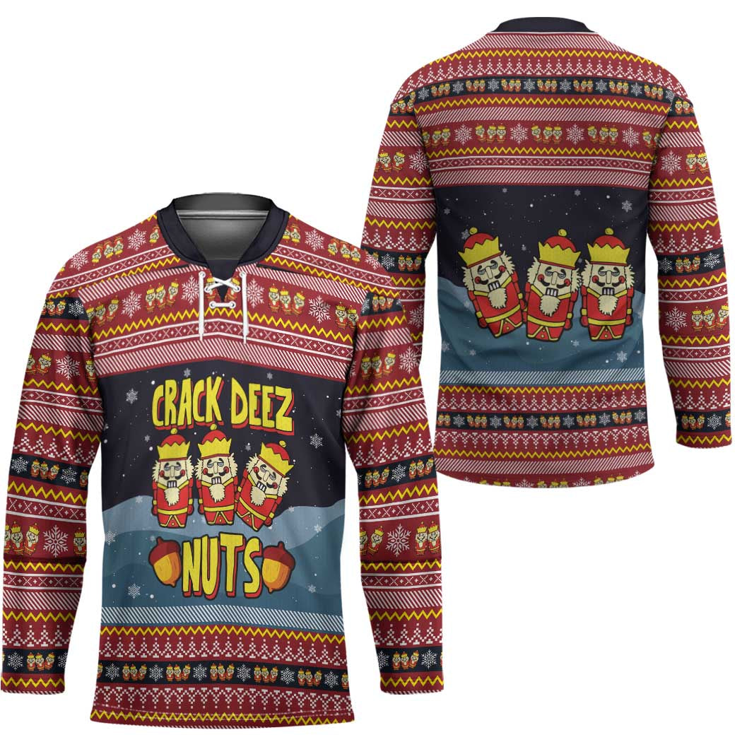 Funny Nutcracker Christmas Hockey Jersey with Crack Deez Nuts Quote and Holiday Pattern Design - Wonder Print Shop