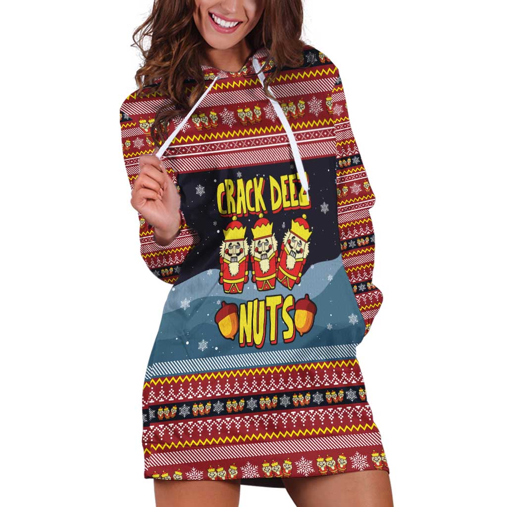 Funny Nutcracker Christmas Hoodie Dress with Crack Deez Nuts Quote and Holiday Pattern Design - Wonder Print Shop