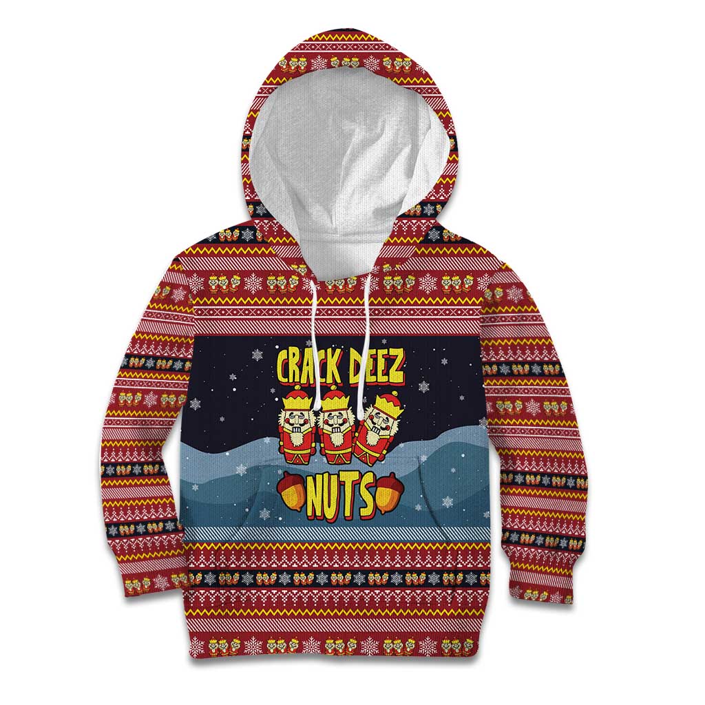 Funny Nutcracker Christmas Kid Hoodie with Crack Deez Nuts Quote and Holiday Pattern Design - Wonder Print Shop