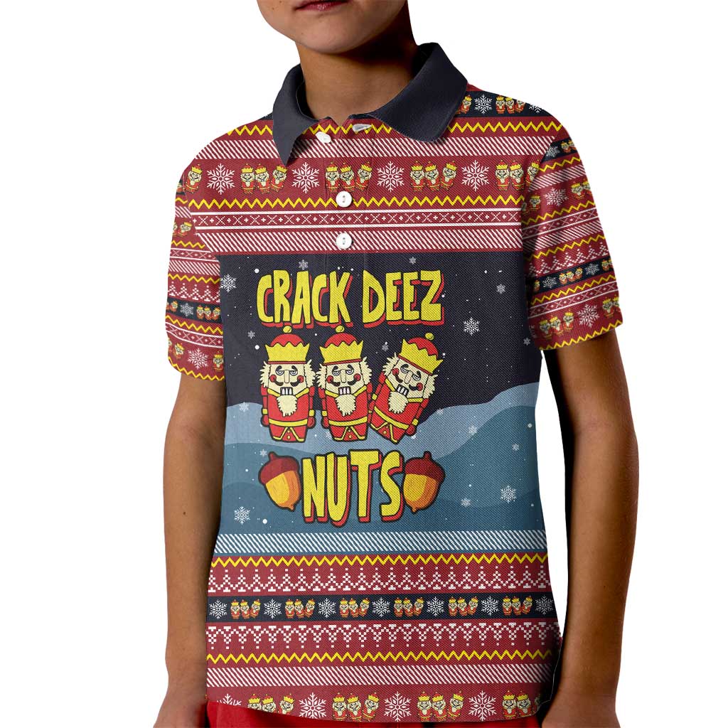 Funny Nutcracker Christmas Kid Polo Shirt with Crack Deez Nuts Quote and Holiday Pattern Design - Wonder Print Shop