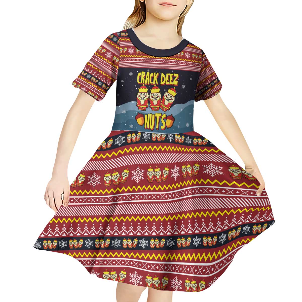Funny Nutcracker Christmas Kid Short Sleeve Dress with Crack Deez Nuts Quote and Holiday Pattern Design - Wonder Print Shop