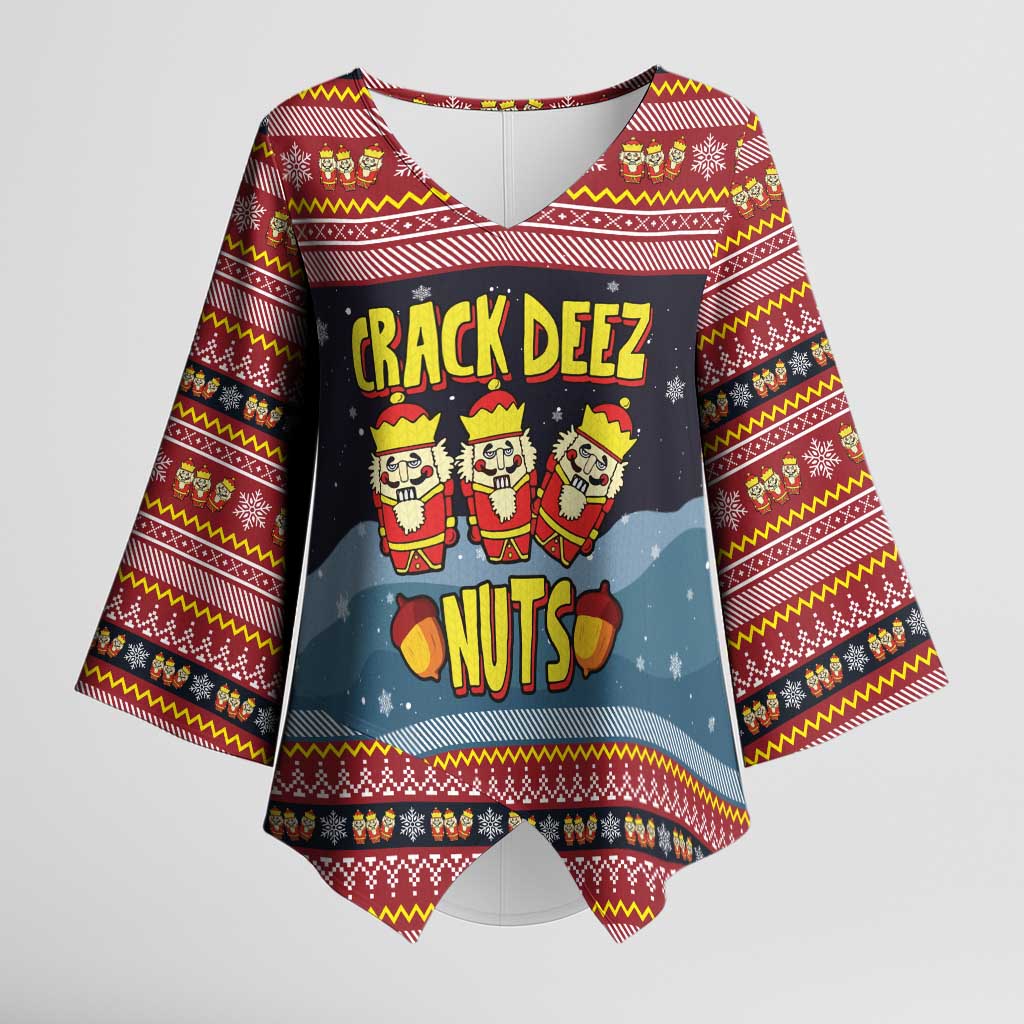 Funny Nutcracker Christmas Kimono Sleeve Blouse with Crack Deez Nuts Quote and Holiday Pattern Design - Wonder Print Shop