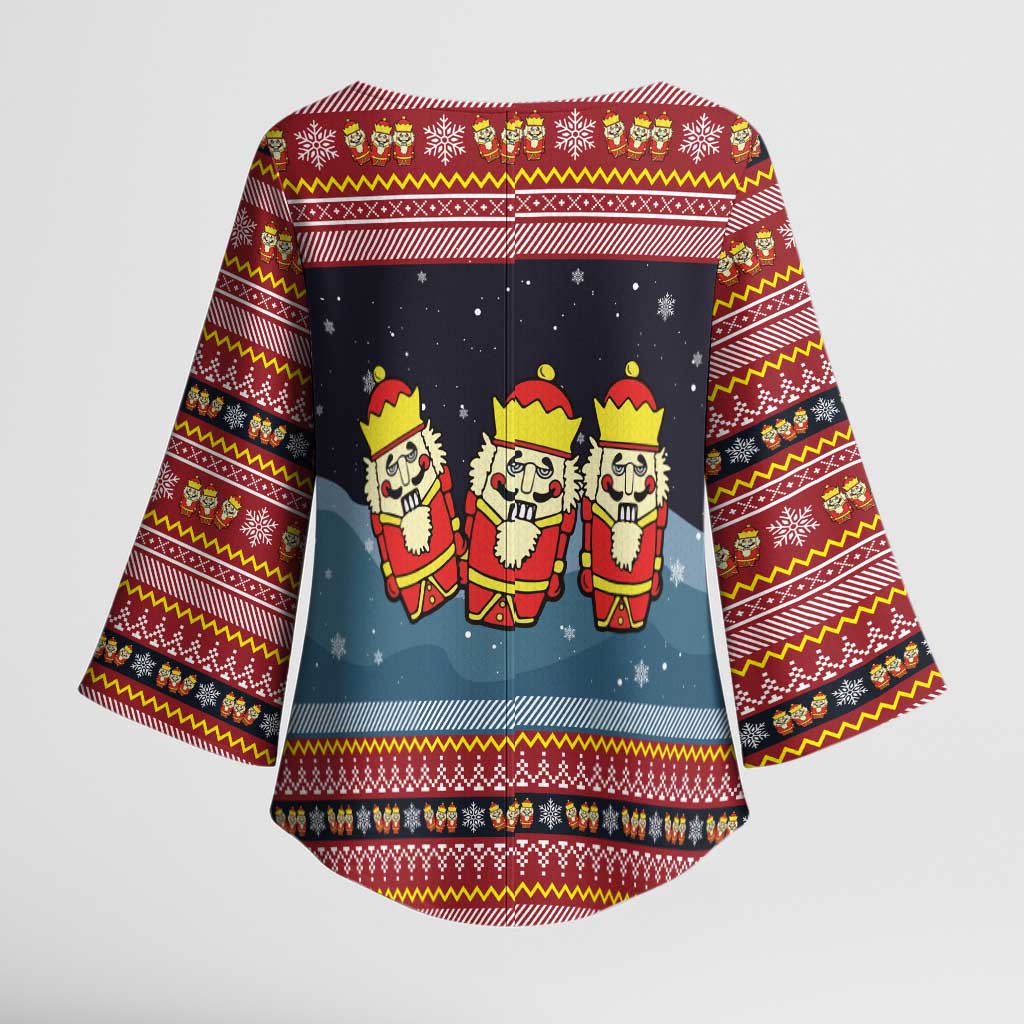 Funny Nutcracker Christmas Kimono Sleeve Blouse with Crack Deez Nuts Quote and Holiday Pattern Design - Wonder Print Shop