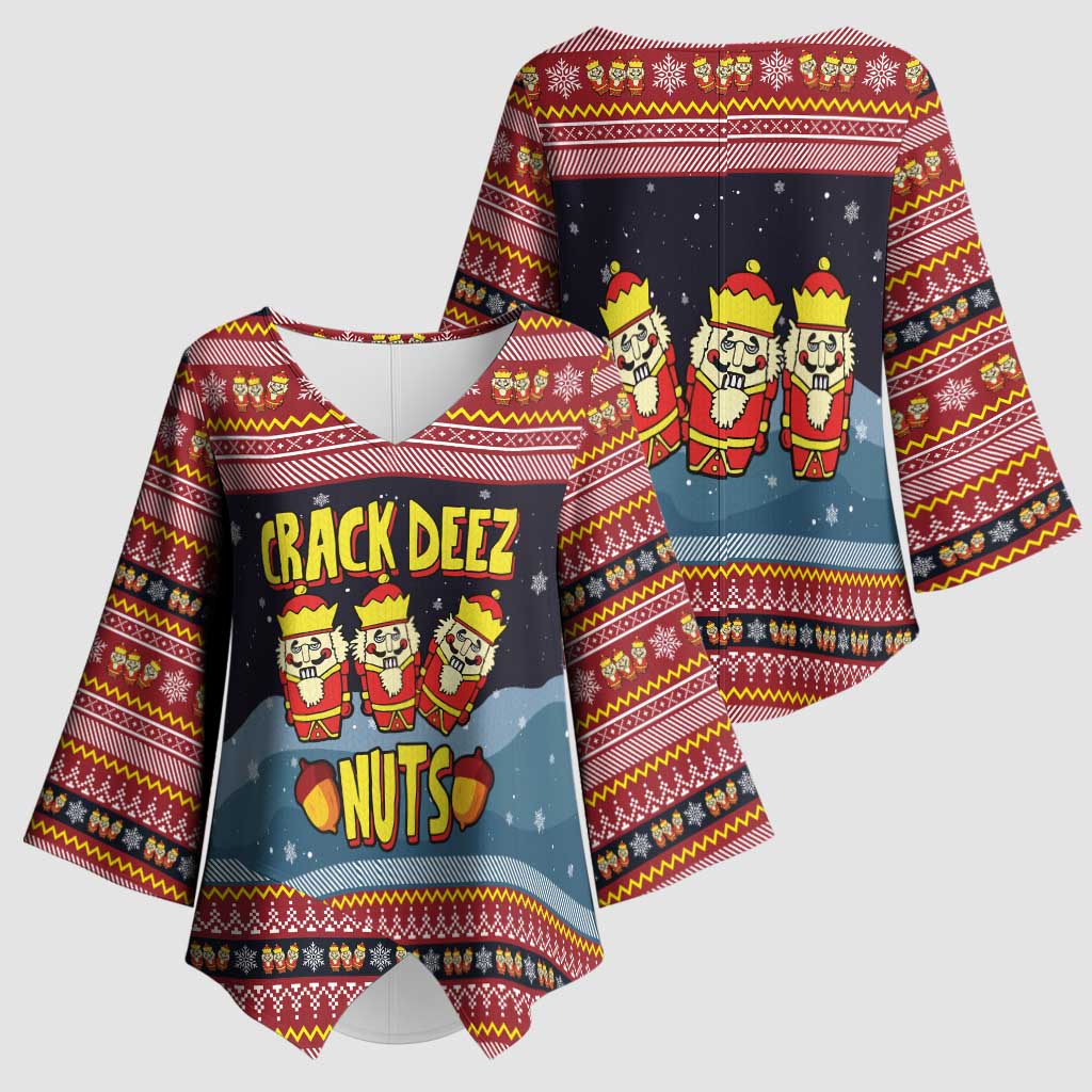 Funny Nutcracker Christmas Kimono Sleeve Blouse with Crack Deez Nuts Quote and Holiday Pattern Design - Wonder Print Shop