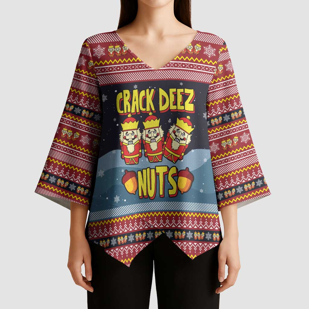 Funny Nutcracker Christmas Kimono Sleeve Blouse with Crack Deez Nuts Quote and Holiday Pattern Design - Wonder Print Shop