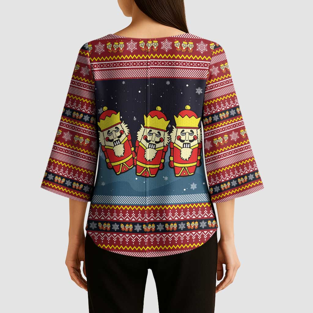 Funny Nutcracker Christmas Kimono Sleeve Blouse with Crack Deez Nuts Quote and Holiday Pattern Design - Wonder Print Shop